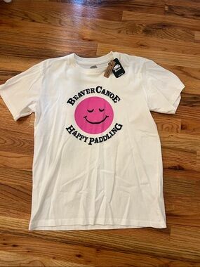 Roots White Tee with Pink Smiley 'Beaver Canoe' Graphic